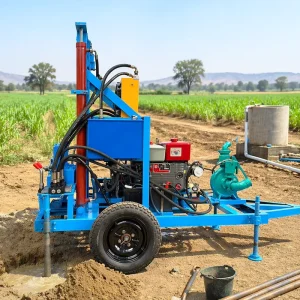 60HP Four Cylinder Diesel Engine Hydraulic Mining Drill Rig Wheels Type 200m Deep Water Well Drilling Rig with Mud Pump