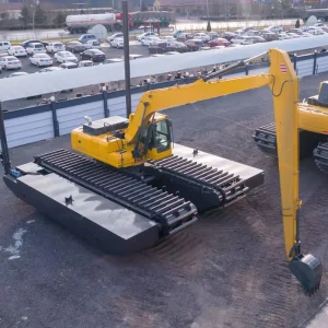 HW-220 20 Ton Amphibious Excavator With 15m Long Reach Boom Floating Pontoons For Swamp And Wetland Dredging