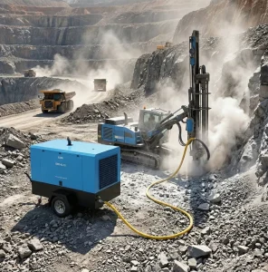 Heavy Duty Mining Diesel Air Compressor 96KW 130HP Rock Drilling Rig Screw Compressor 7 Bar Quarry Blasting Equipment